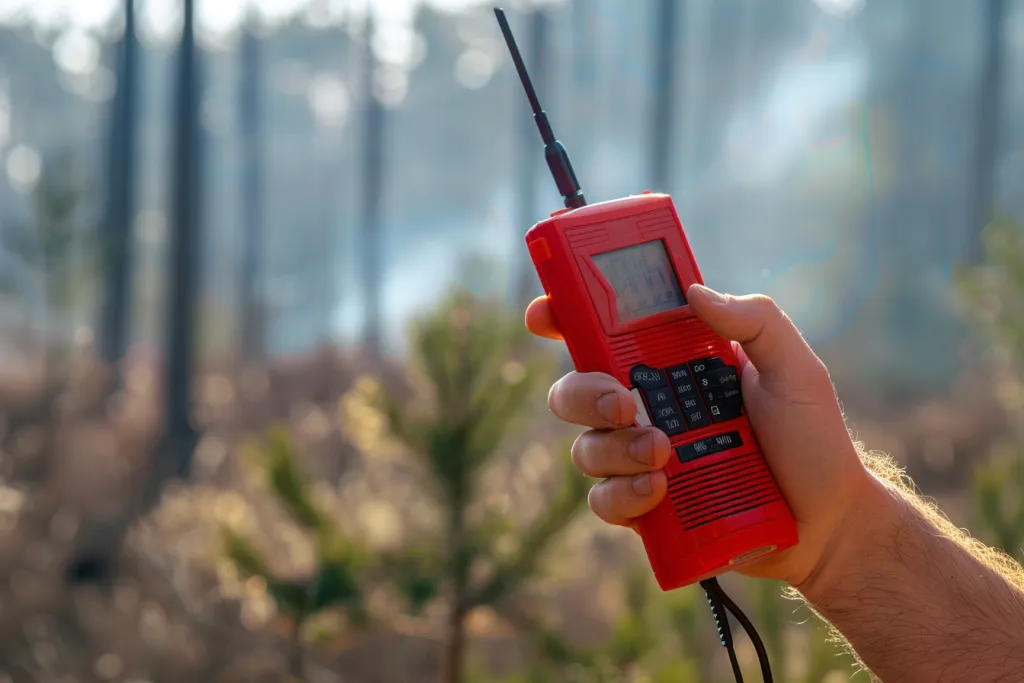 Hand holding red walkie talker with clear background