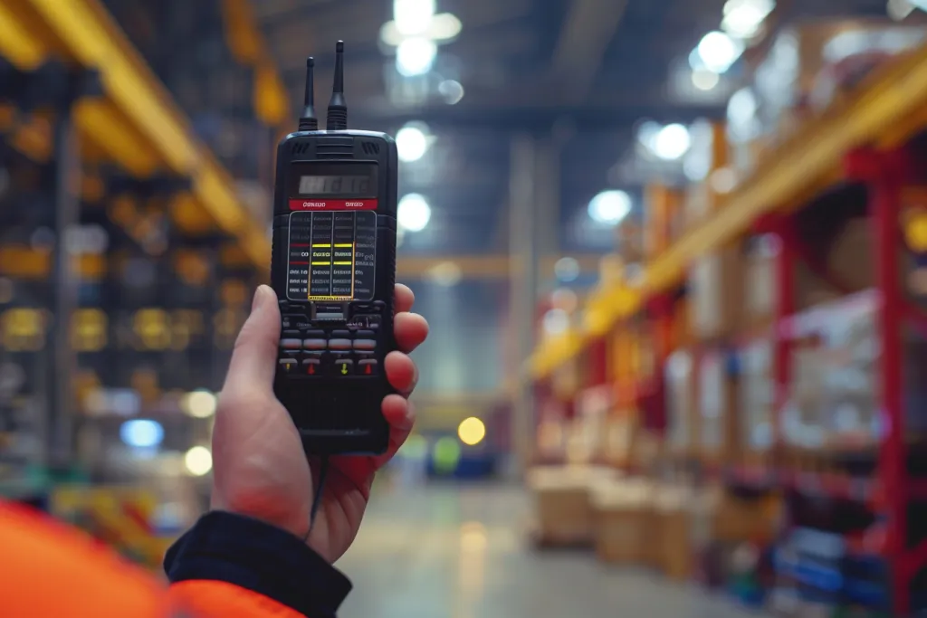 Hand holding walkie talkie with screen in factory warehouse background