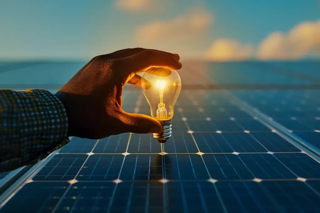 Hand of a black man touching a light bulb on a solar panel