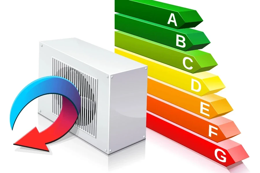 Heat pump with an arrow changing from blue to red indicating the expulsion of calories