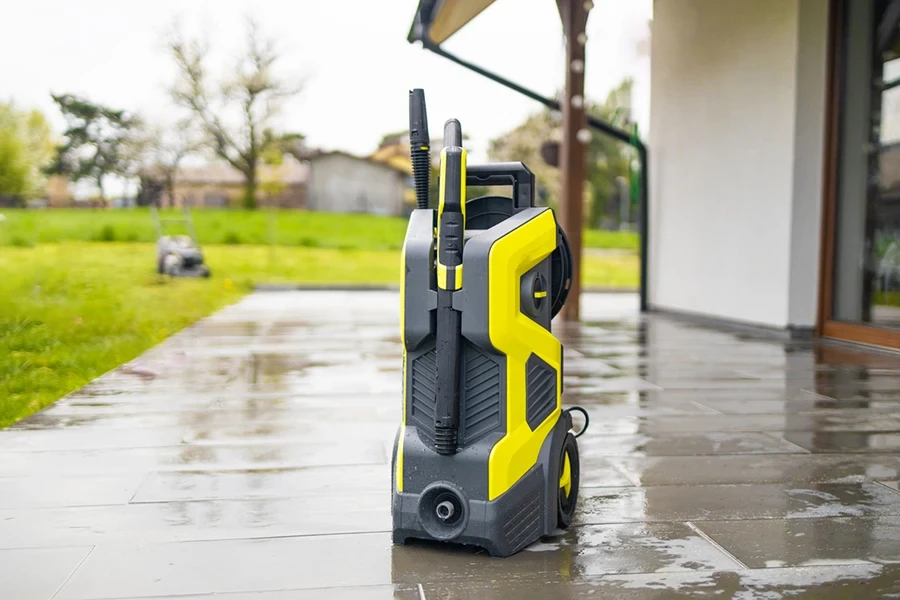 Pressure Cleaning with High Pressure Washer Karcher in Garden Park 