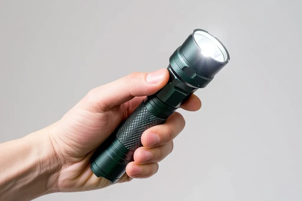 Holding a flashlight in one hand