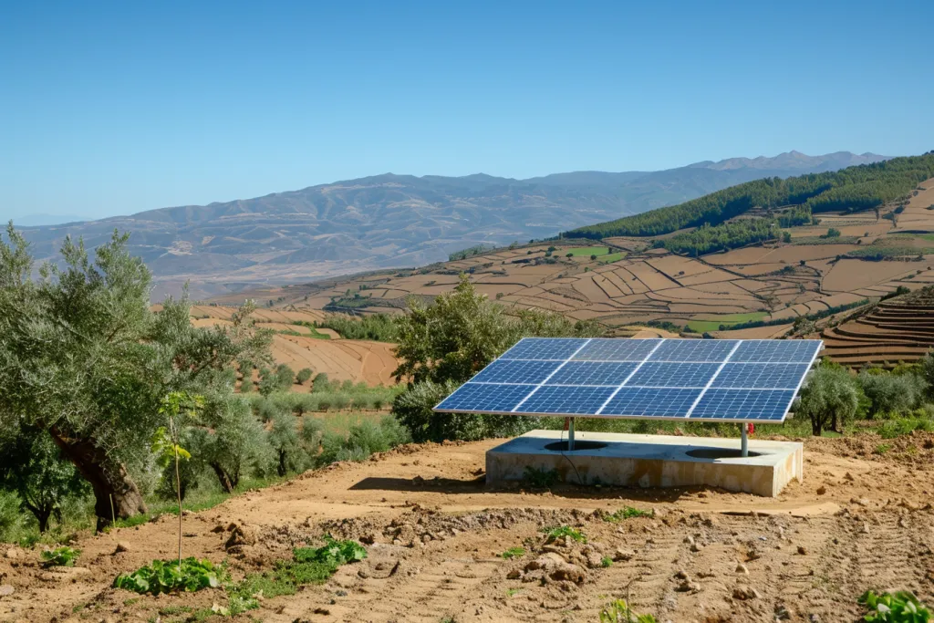 In the mountains of southern morocco, there is an off Beats solar panel installation on top of terraced land with olive trees and coffee plantations in background