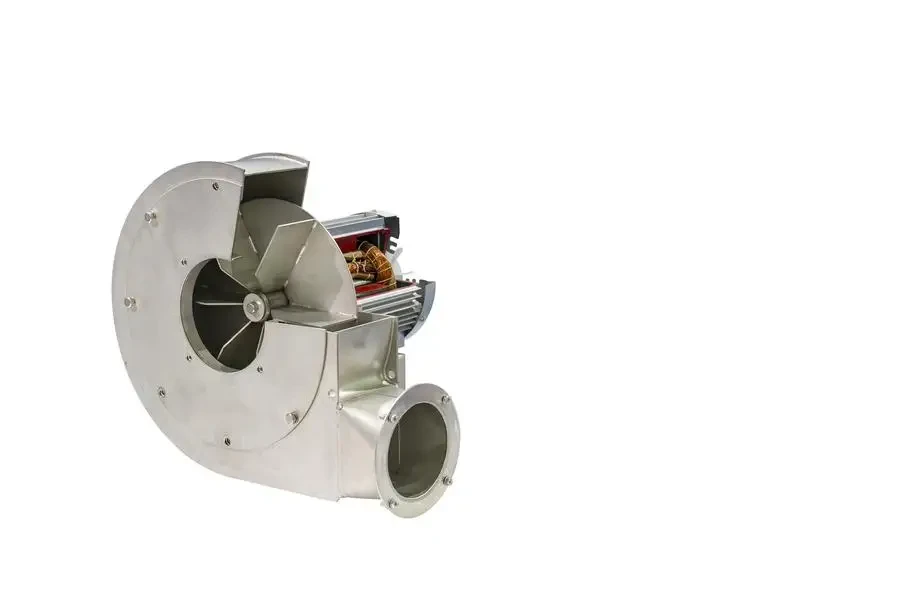 Industrial dust exhaust ventilation centrifugal fan air blower assembly with electric motor cross section isolated on white background with clipping path