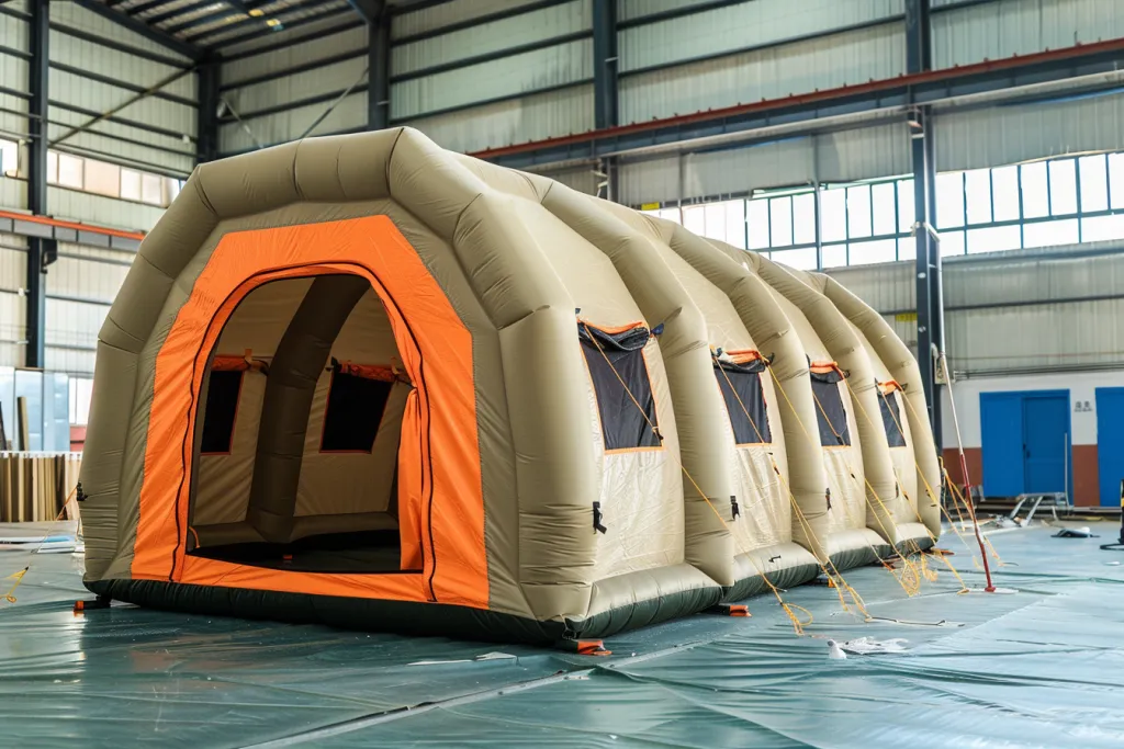 Inflatable tent, large space for military medical use, with one door and two windows on the front wall of beige color