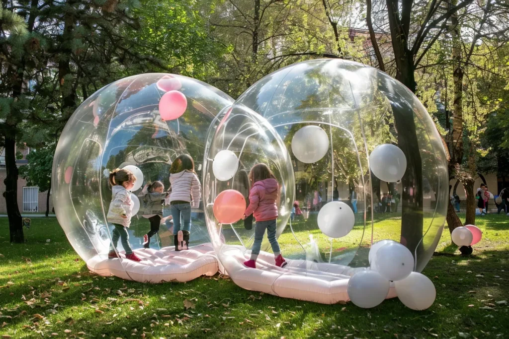 Inflatable transparent bubble,  small children playing around it in an outdoor park setting