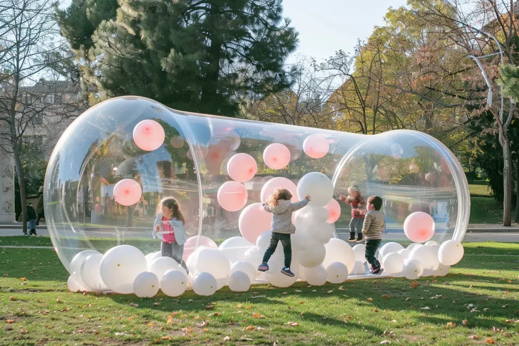 Inflatable transparent bubble, with white and pink balloons inside the balloon structure and small children playing around it in an outdoor park setting