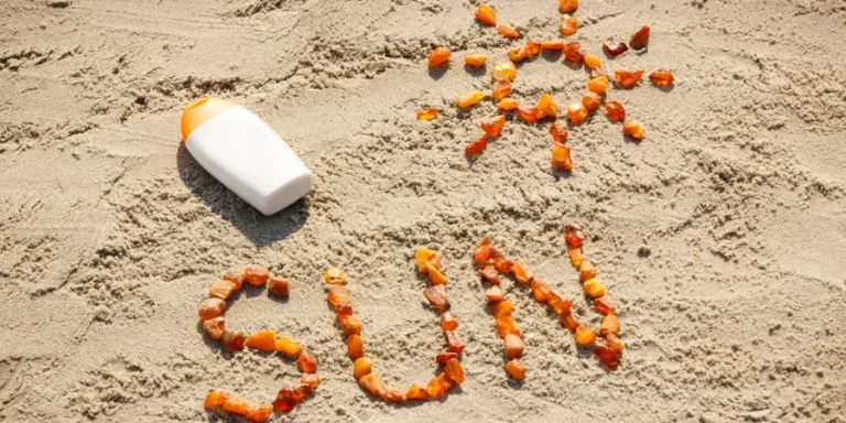 Inscription and shape of sun made of amber stones, sun lotion on sand at beach, concept of sunbathing, summer and vacation time