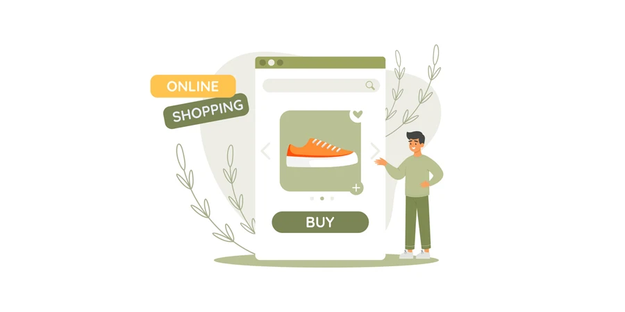 Man character choosing sneakers from online shop