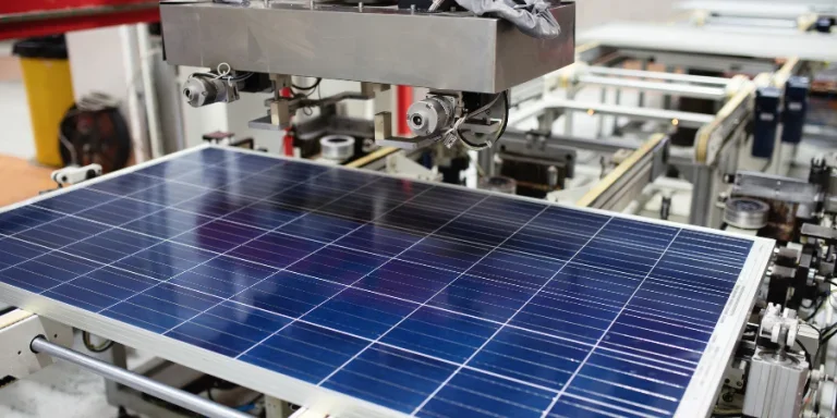 Manufacturing of solar panel system in factory.Industry concept