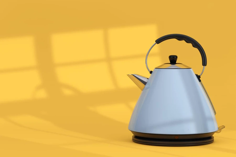 Modern Blue Electric Kitchen Kettle on a yellow background. 3d Rendering