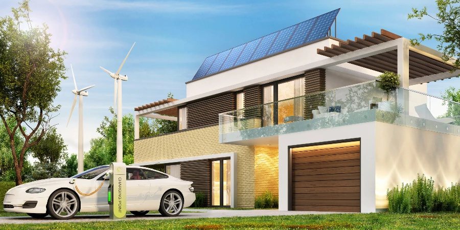 Modern home with solar panels, wind turbines and electric car