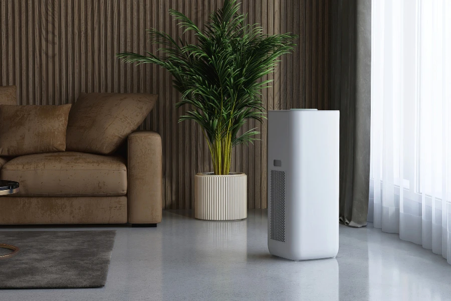 Modern, minimal air purifier in luxury living room with brow sofa