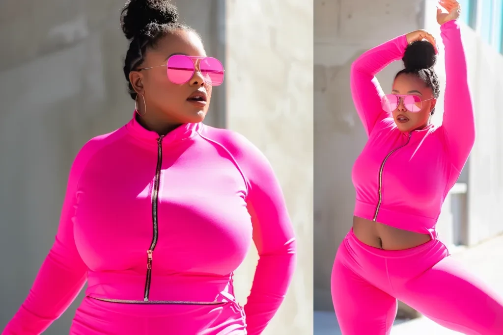 Neon pink cropped long sleeve top and high waist leggings set