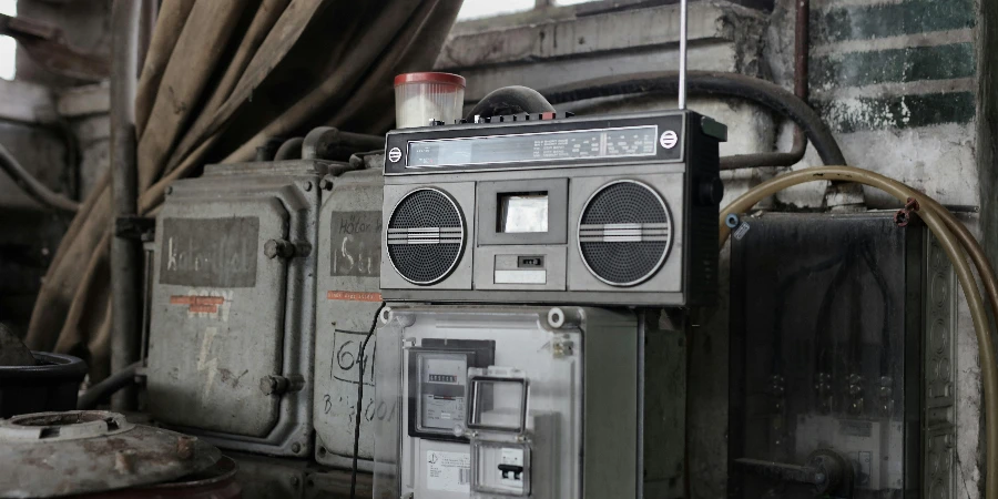 Old fashioned cassette player placed in shabby garage near old industrial equipment