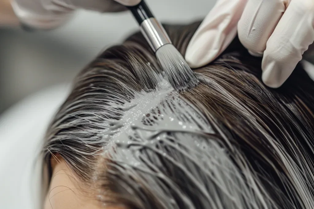 Photo of A woman's head with gray hair being colored using white dye