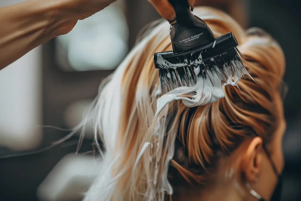 Photo of a hairdresser applying dye to the top half