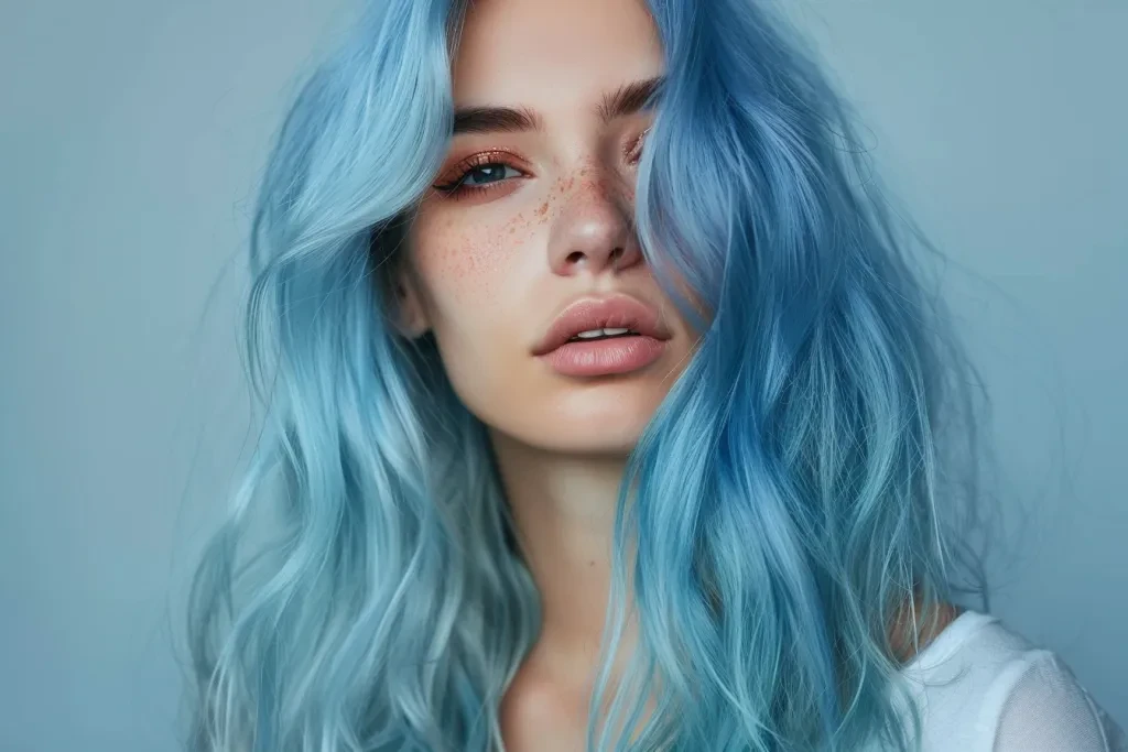 Photo of an attractive woman with long blue hair