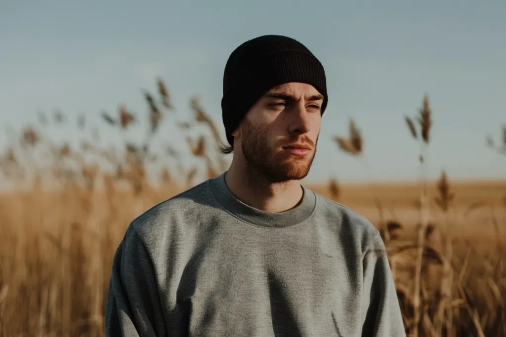 Photo of an average man wearing black beanie and grey longsleeve shirt