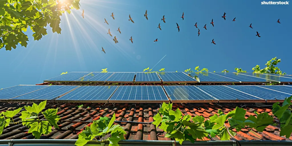 Photo of solar panels on the roof against a blue sky with sun rays and birds flying in the background