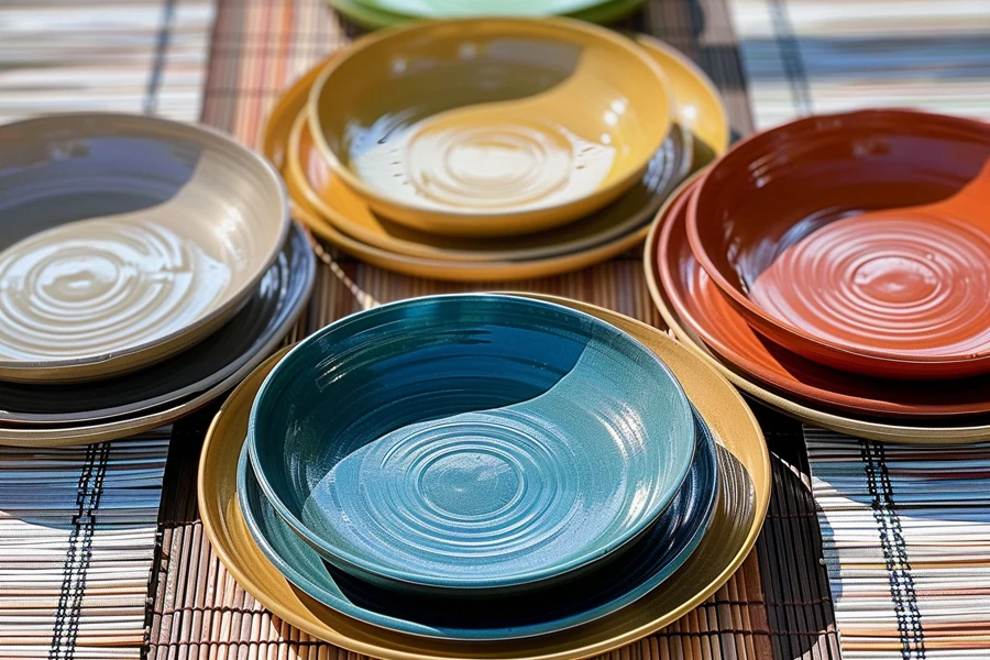 Plates made from a majority of bamboo powder and cornstarch with a melamine binder, which looks like hand-made pottery, comes in various color. 