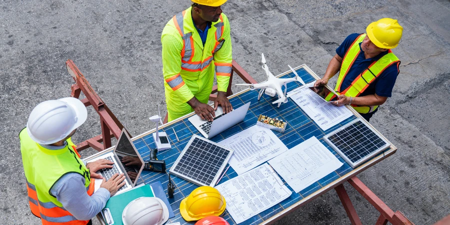 Portrait of team engineer working on solar panel and his blueprints with Solar photovoltaic equipment on construction site