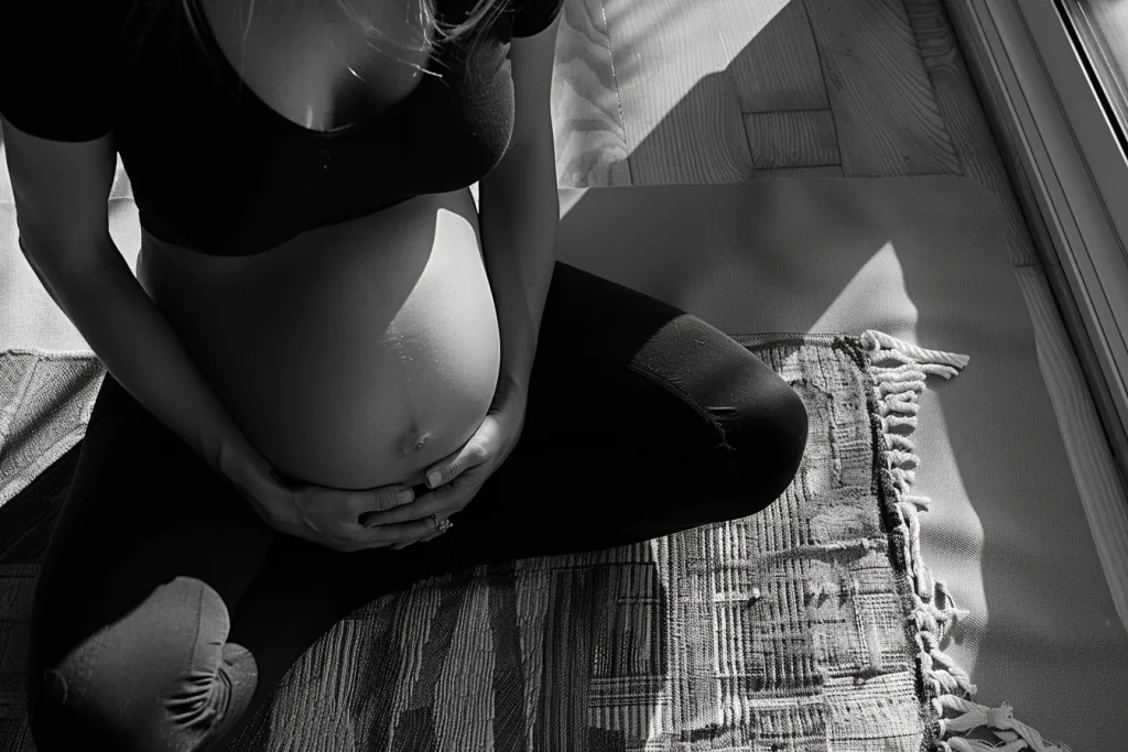 Pregnant woman doing yoga on a mat