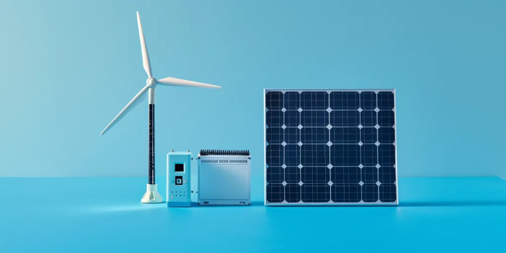 Product photo of an off-grid solar panel, wind turbine and battery on a blue background