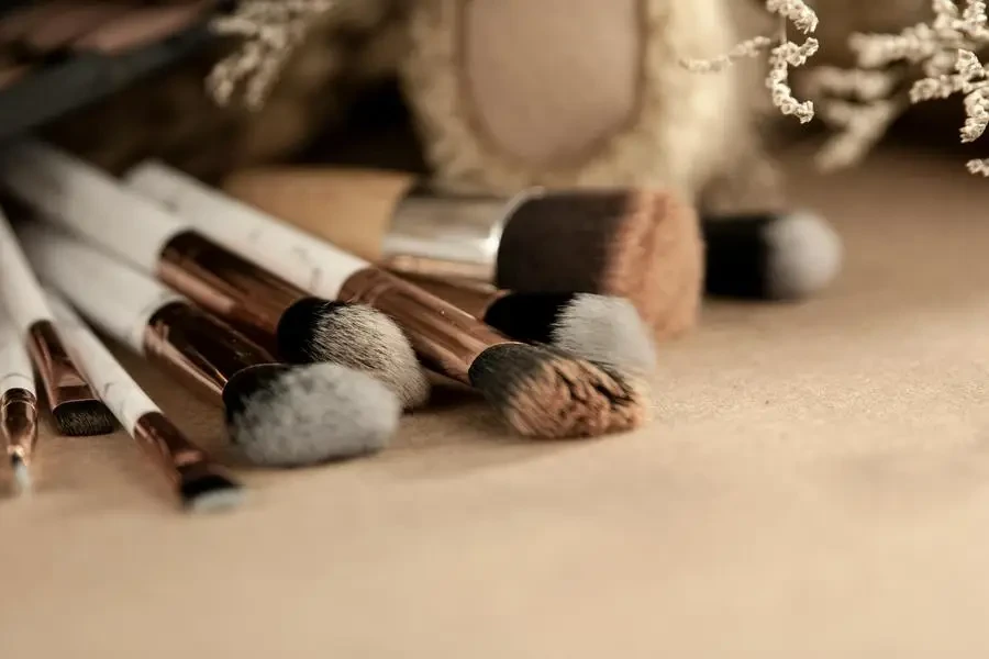 Professional makeup brushes with various types of combs for different beauty products placed on beige table near toy and dried flowers by Karen Laårk Boshoff