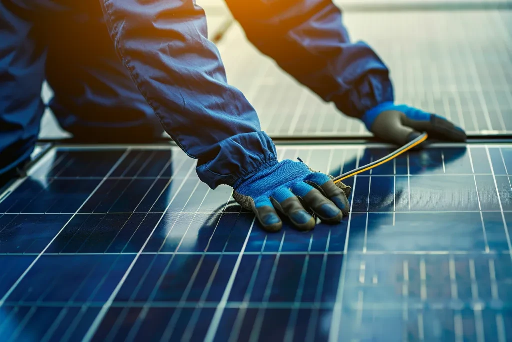 Professional technician checking solar panels with multichaptered and braided wires