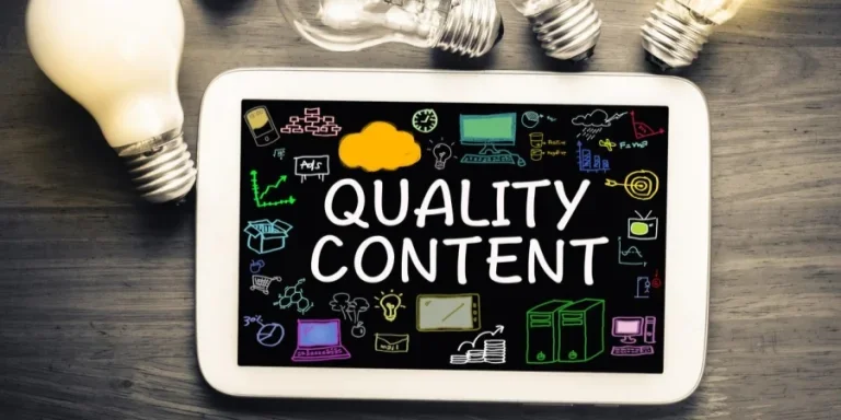 Quality Content concept on tablet with glowing light bulbs
