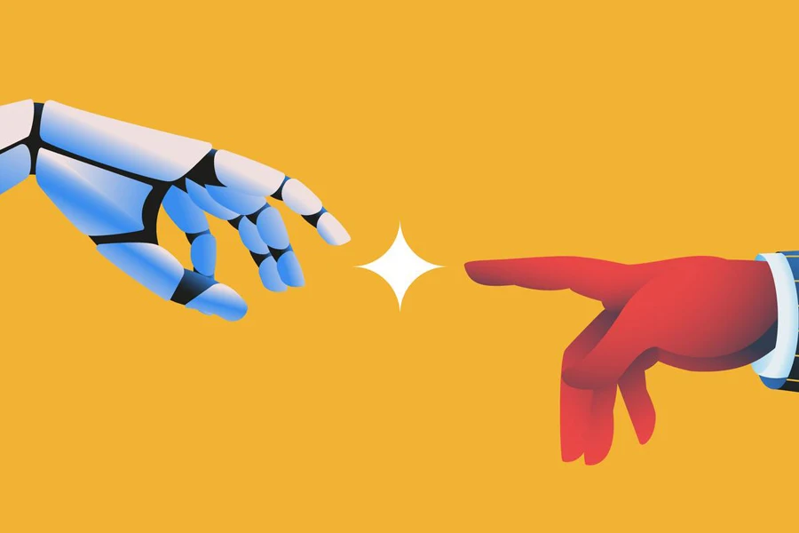 Robot hand touching human hand. Artifical intelligence concept. Vector illustration.