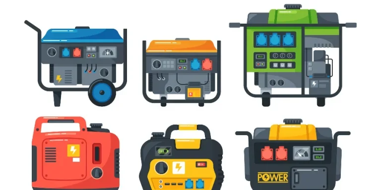 Set of Portable Diesel Power Generators. Energy Generating Backup Equipment And Electricity Voltage Source Alternator Machines Collection