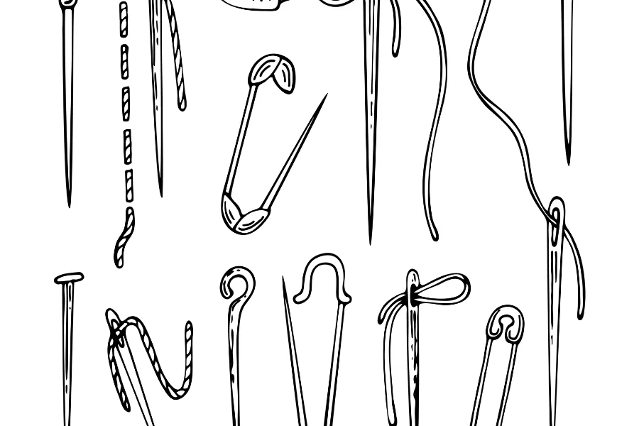 Set tailor needles pins needle threader line art