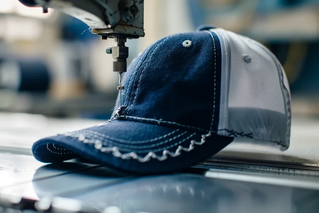 Sewing a baseball cap in the style of materialist