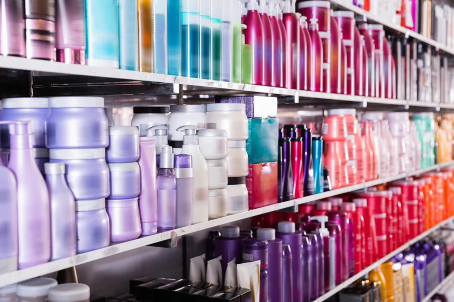 Shelves stocked with unbranded colorful products