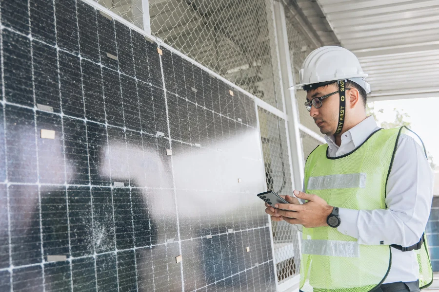 Smart engineer maintenance in solar power plant checking installing photovoltaic solar modules with laptop and using walkie talkie