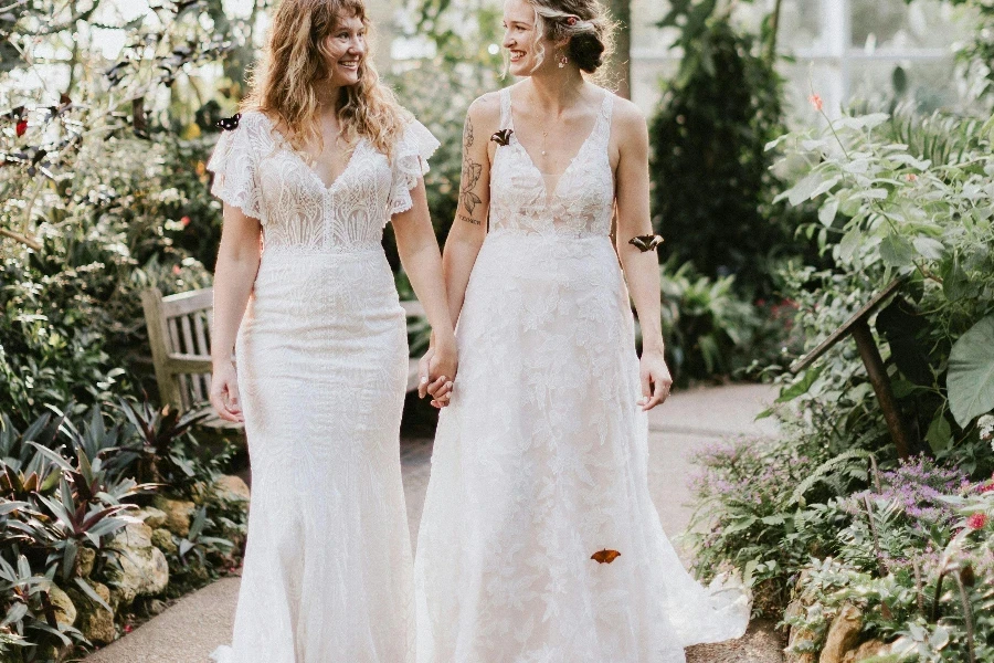 Smiling Brides in Wedding Dresses