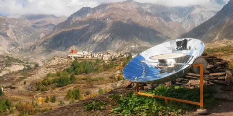 Solar cooker in Nepal Himalayan landscape