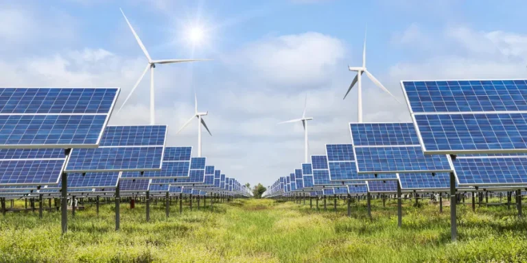 Solar panels and wind turbines in power station