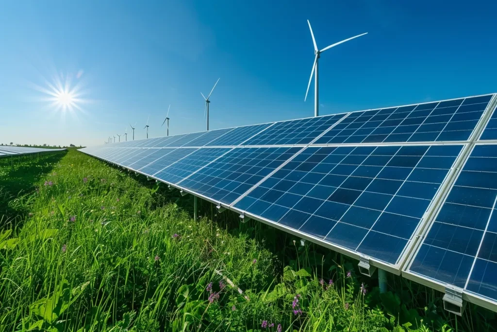 Solar panels and wind turbines of a power station grow among green grass with blue sky in the background