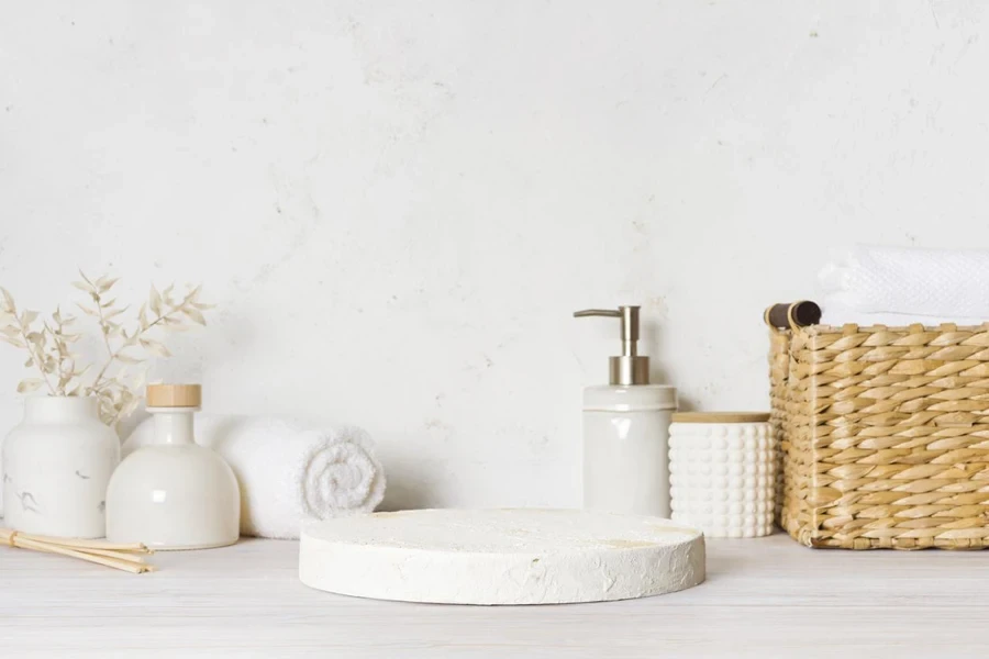 Spa concept with white rough texture pedestal for product display