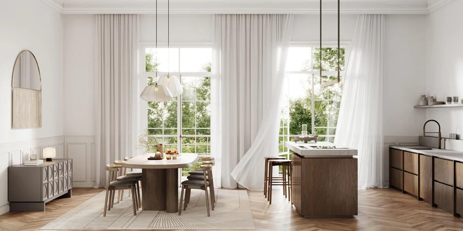 Spacious modern kitchen design featuring sleek wood finishes, pendant lighting, and a large window offering a serene garden view