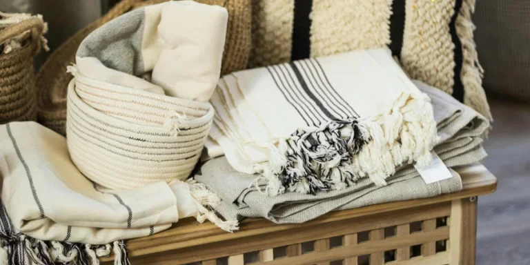 Stacked towels and plaid on wooden box