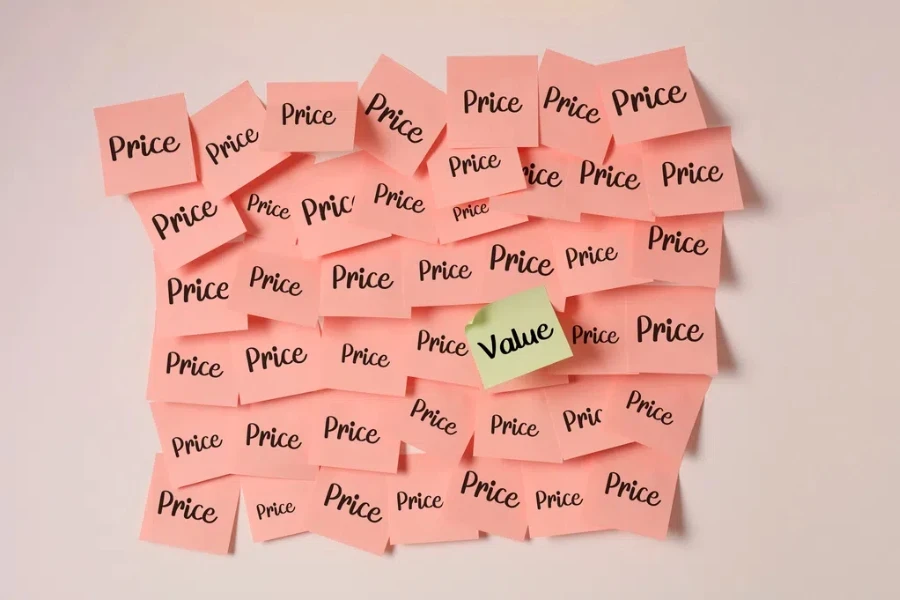 Sticky notes with the word price and one note with the word value