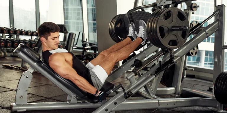 Strong man doing an exercise on its feet in the simulator