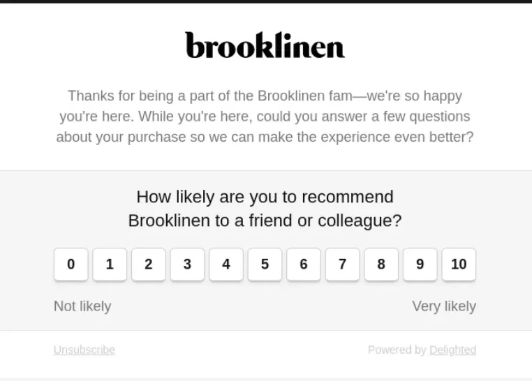 Survey email example from Brooklinen