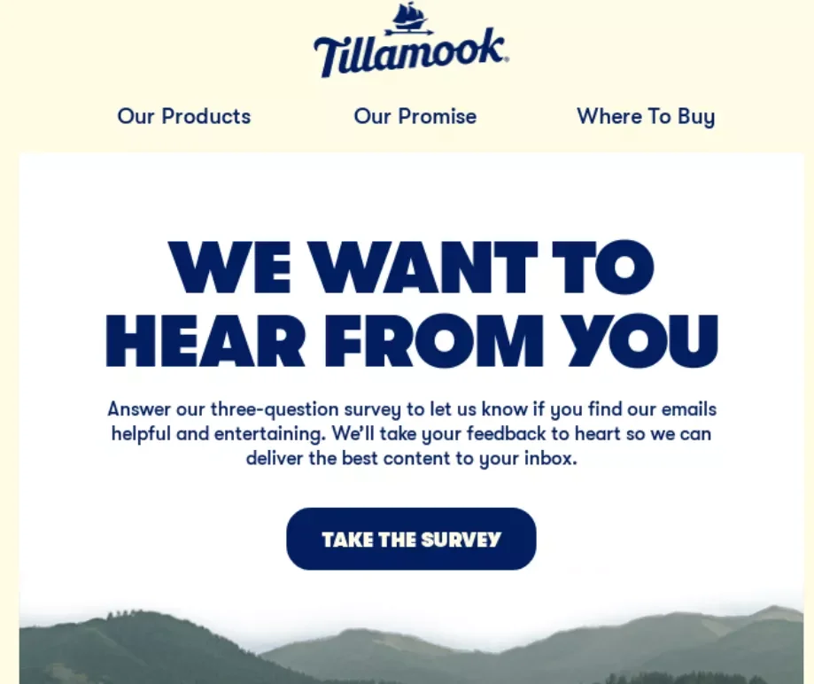 Survey email example from Tillamook