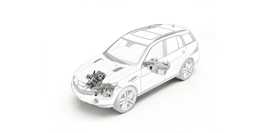 Suv cutaway drawing showing engine and fuel tank
