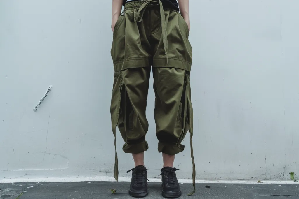 The cargo pants are olive green in color